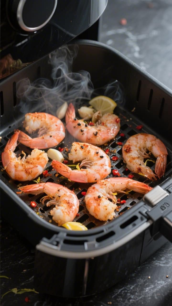 Cooking process — air fryer basket: Close-up of cooked air fryer shrimp just finished at 400°F, a