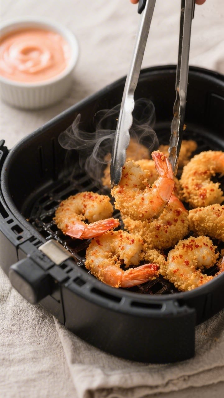 Cooking process close-up: Air-fried Bang Bang Shrimp just out of the basket at 400°F, golden and cr
