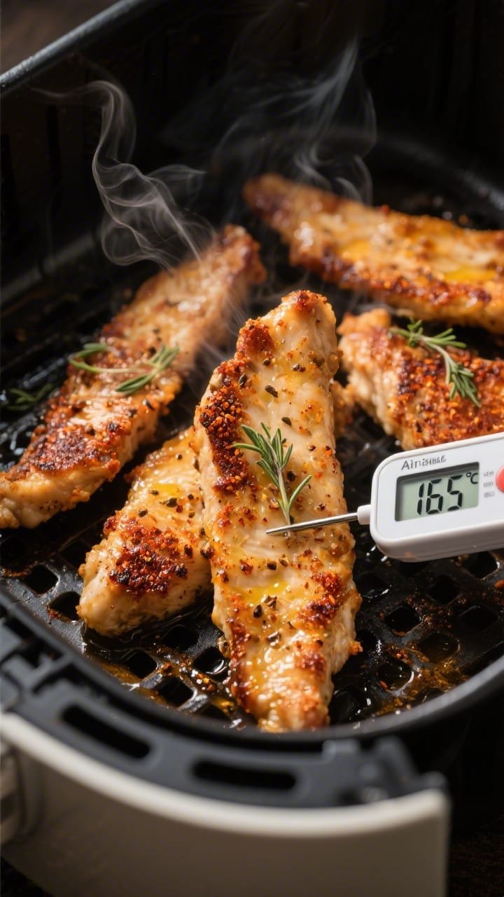 Cooking process close-up: Air-fried chicken strips just finished in the basket at 380°F, edges cris