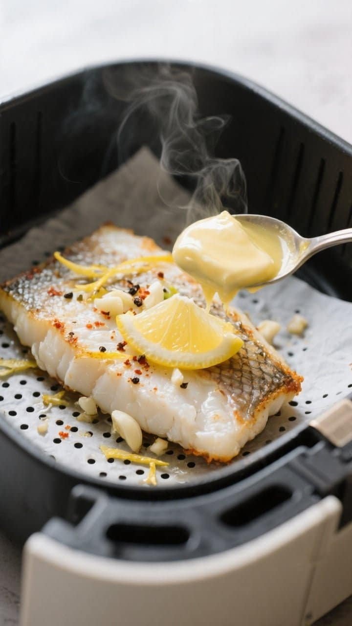 Cooking process close-up: Air-fried cod fillets mid-cook inside an open air fryer basket, edges ligh