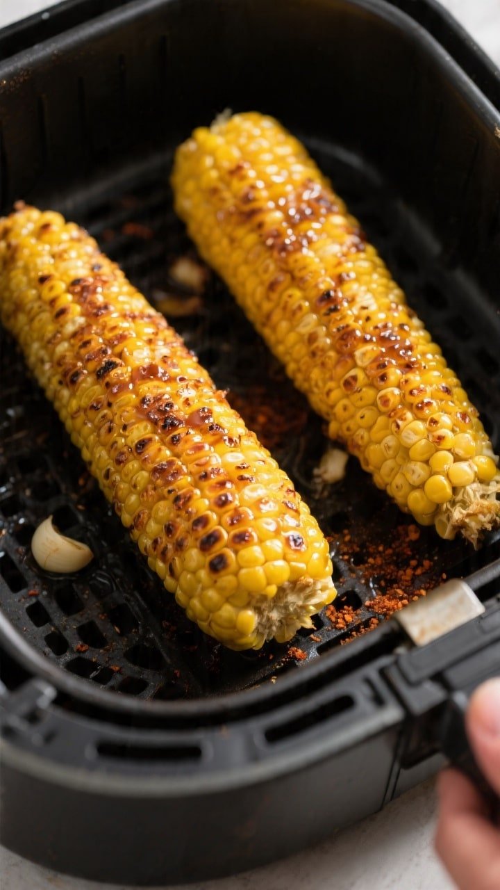 Cooking process close-up: Air-fried corn on the cob in an open air fryer basket at 380°F, kernels g