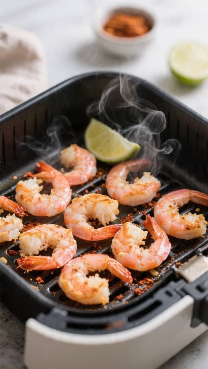 Cooking process close-up: Air-fried shrimp just finished at 400°F, arranged in a single layer in th