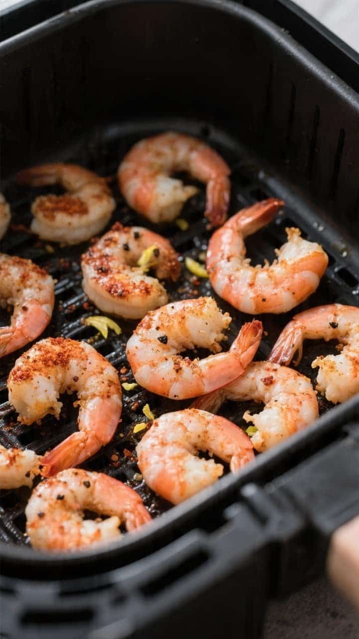 Cooking process close-up: Air-fried shrimp mid-cook in an open air fryer basket at 390°F, arranged 
