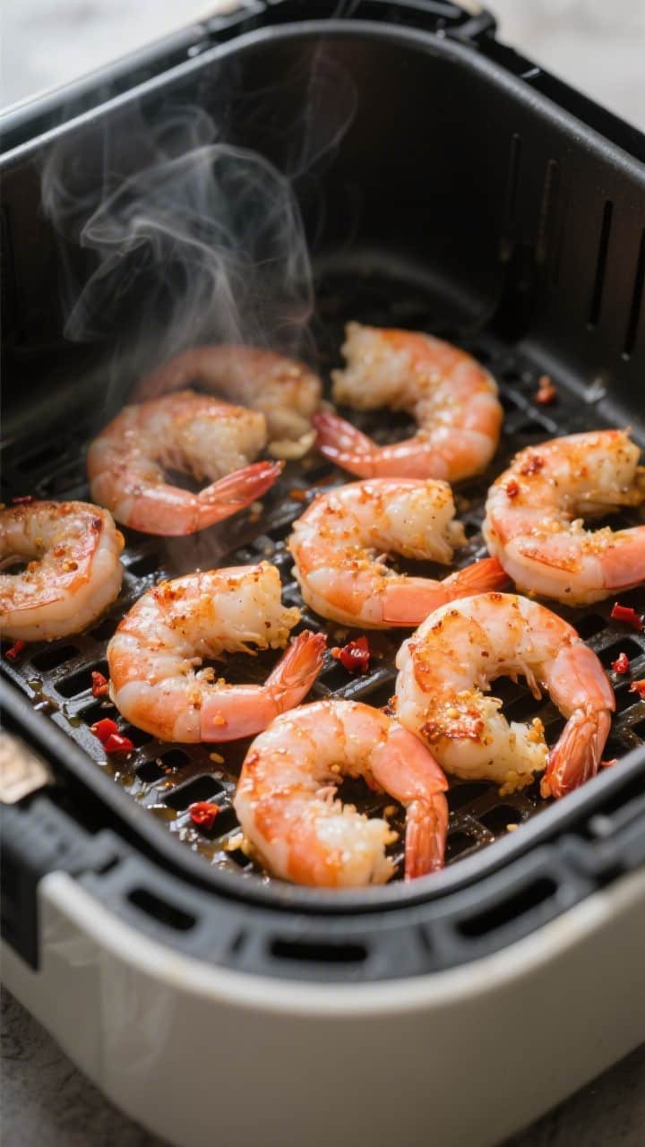 Cooking process close-up: Air-fried shrimp midway through cooking in an open air fryer basket at 400