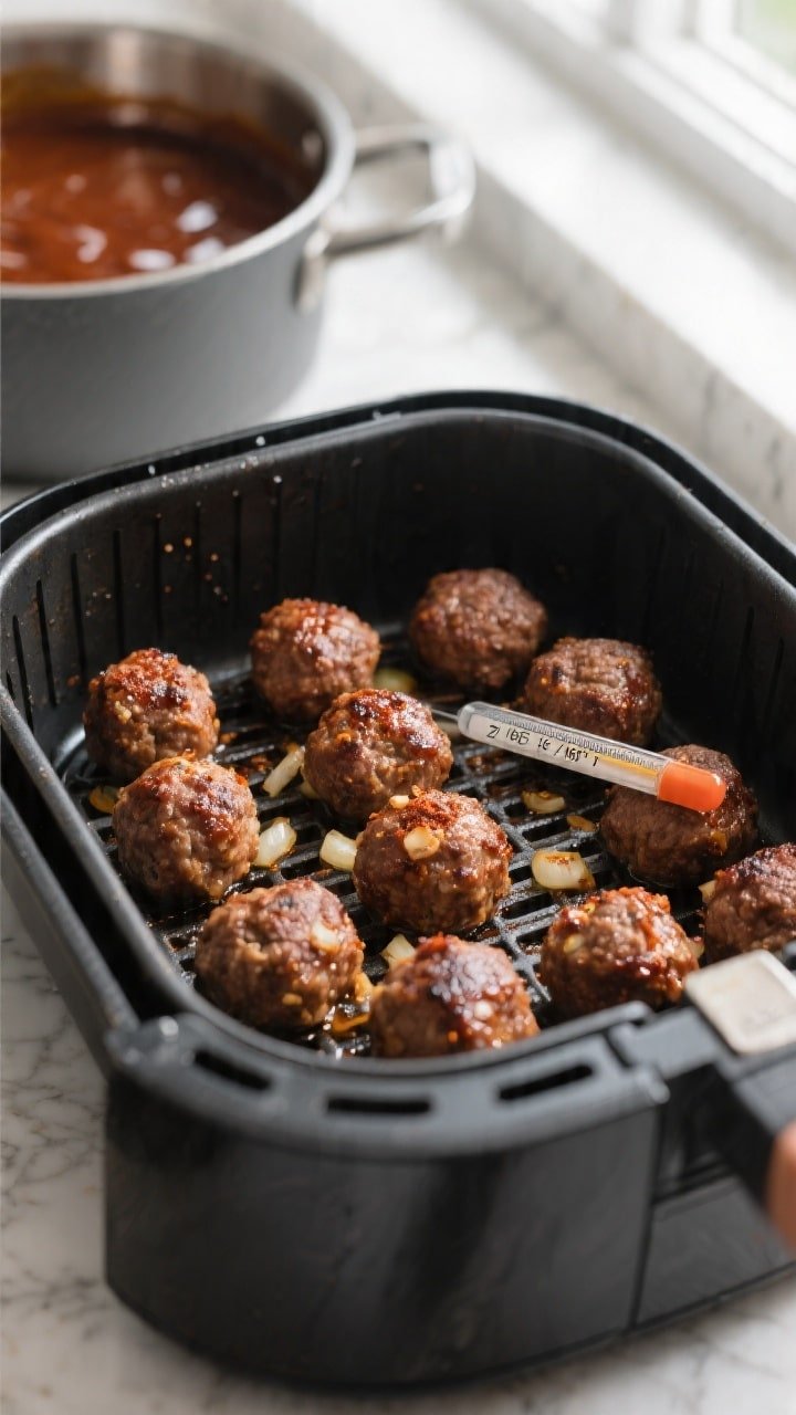 Cooking process close-up: Air fryer basket at 375°F filled with evenly spaced, fully cooked BBQ mea