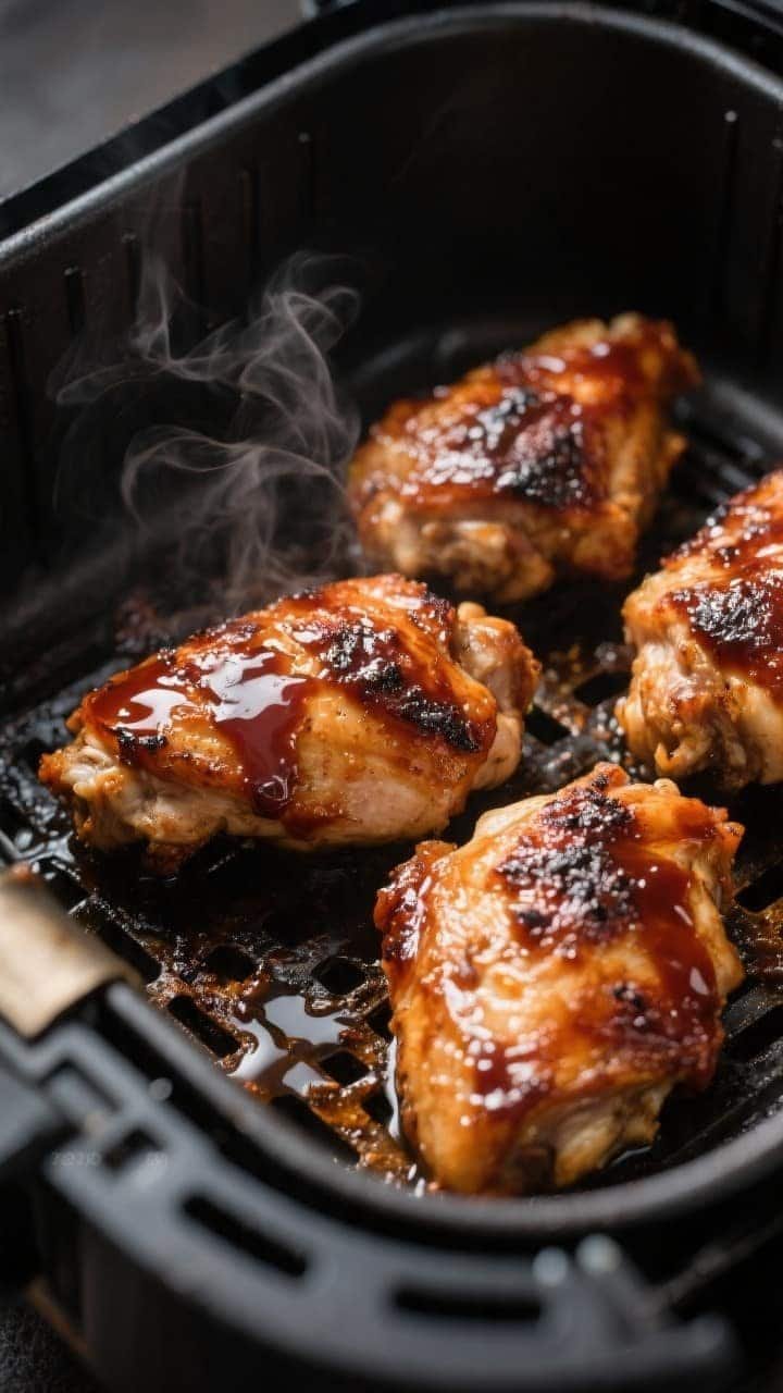 Cooking process close-up: Air fryer basket at 375°F with cooked BBQ chicken thighs just finished, c