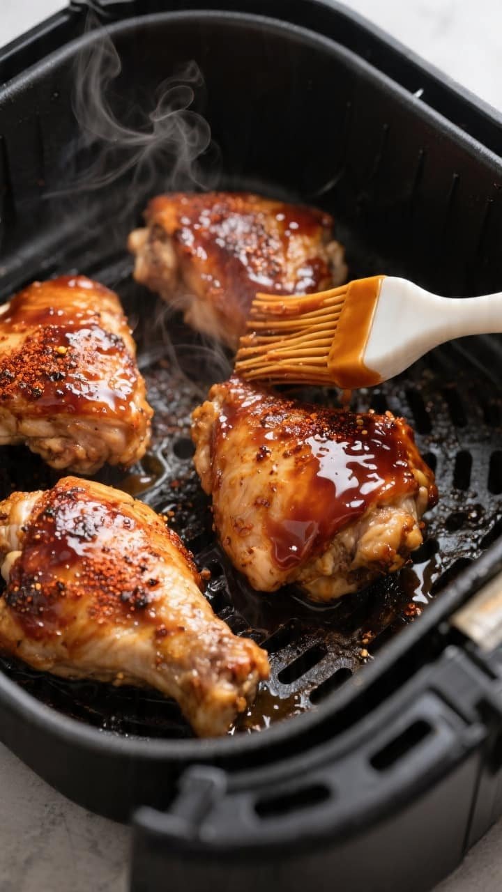 Cooking process close-up: Air fryer basket at 375°F with 3–4 juicy, sauced chicken thighs mid-coo