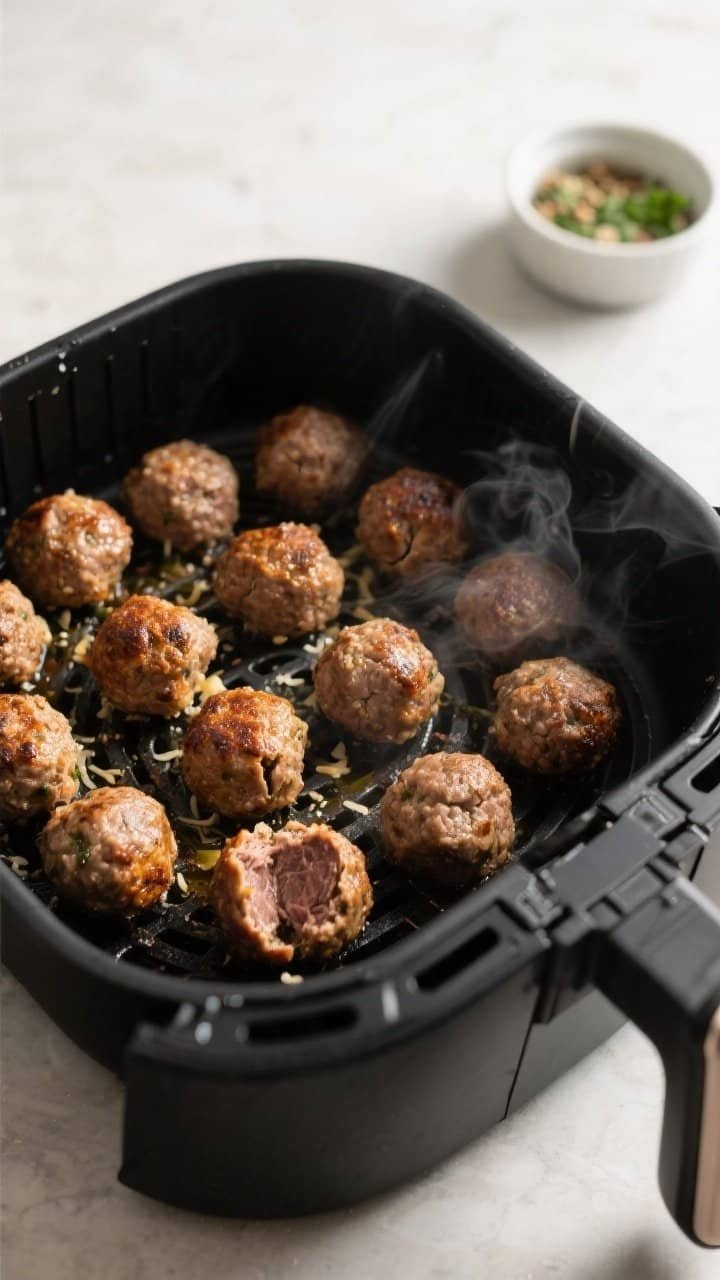 Cooking process close-up: Air fryer basket at 380°F filled with evenly spaced, fully formed keto me