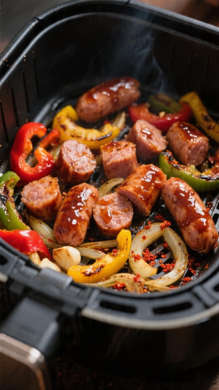 Cooking process close-up: Air fryer basket at 380°F filled with sizzling, cooked sausage chunks and