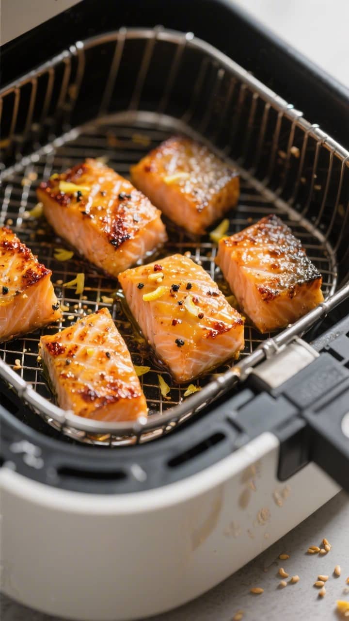 Cooking process close-up: Air fryer basket at 400°F with a single layer of golden, cooked salmon bi