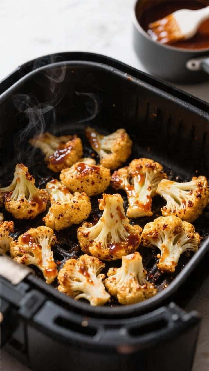 Cooking process close-up: Air fryer basket filled with a single layer of golden, slightly blistered