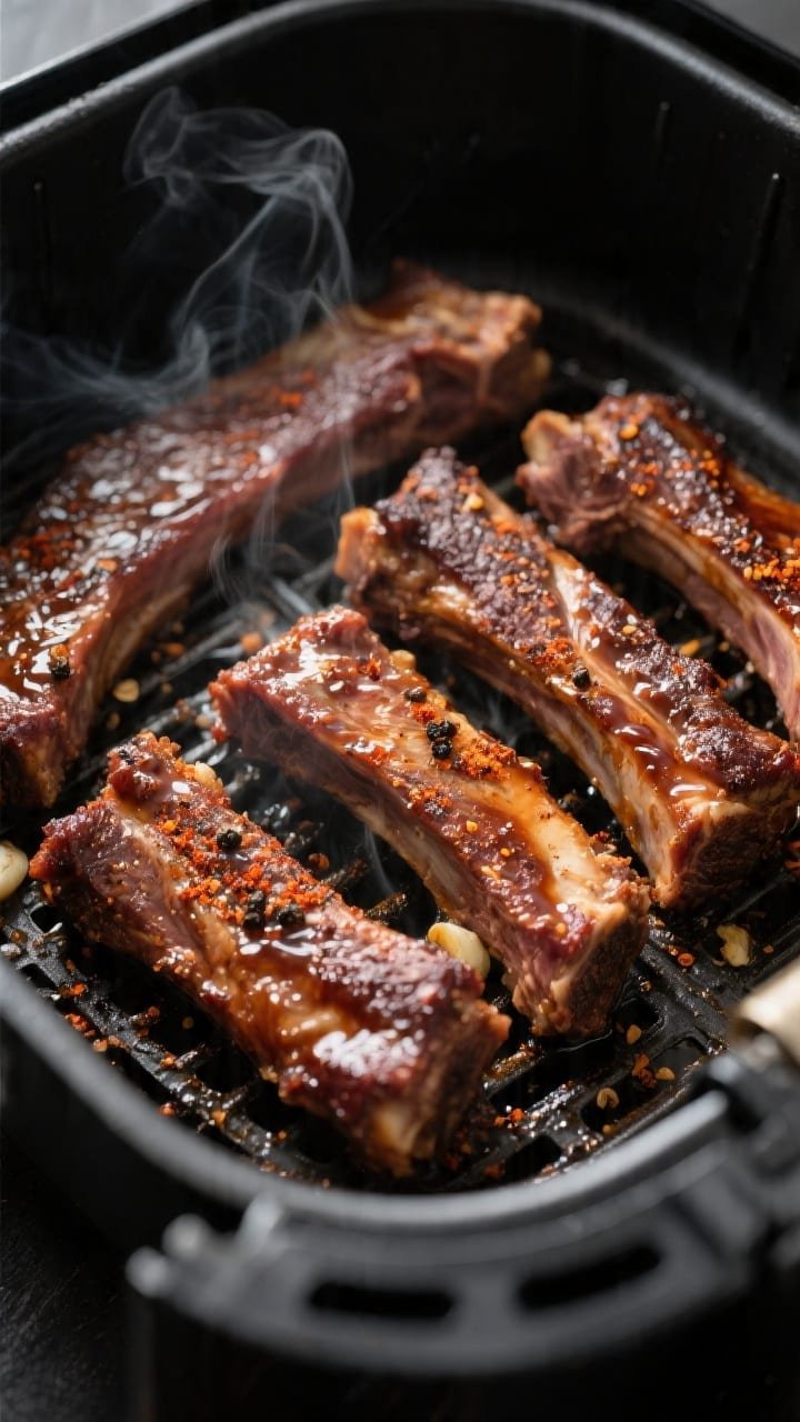 Cooking process close-up: Air fryer basket filled with English-cut beef short ribs in the mid-stage 