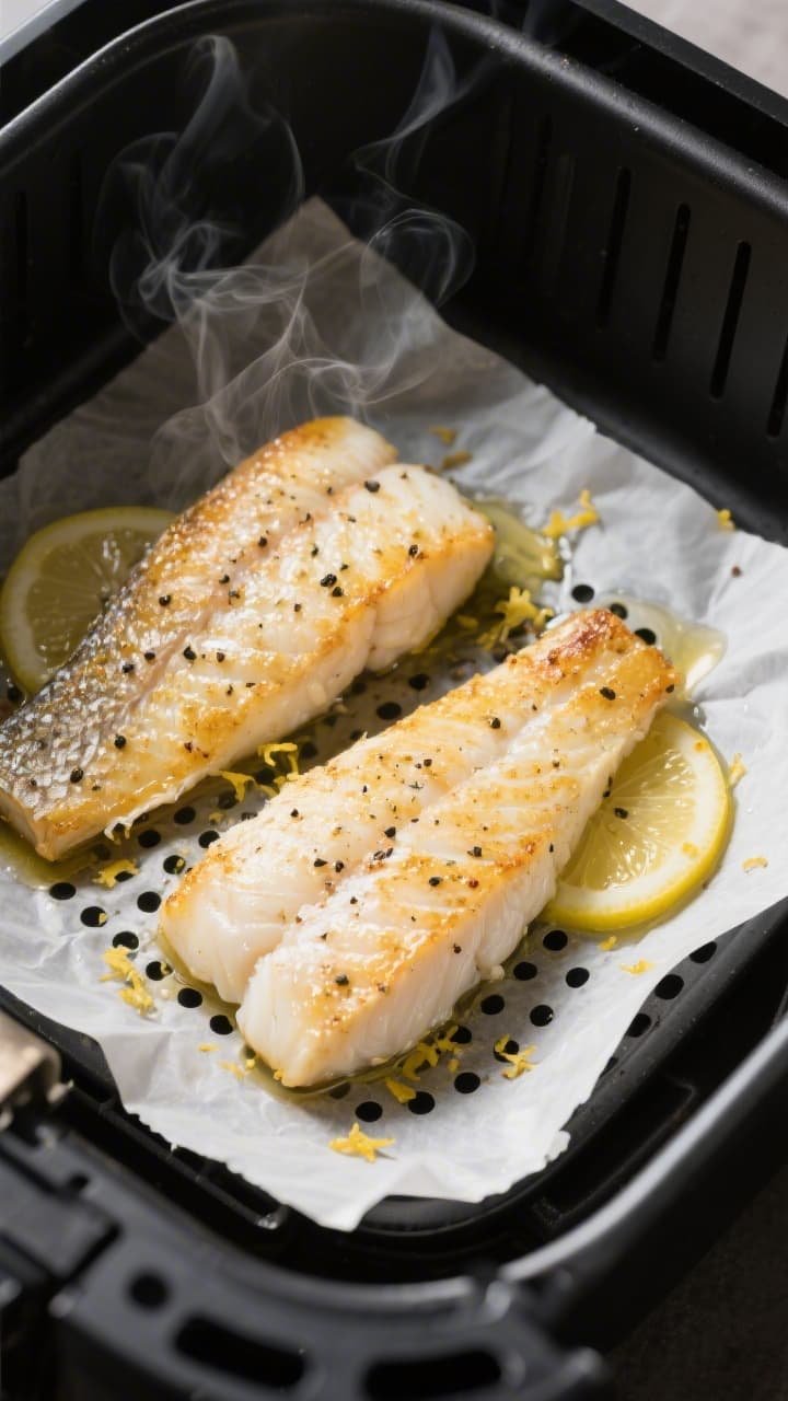 Cooking process close-up: Air fryer basket just opened to reveal golden, cooked white fish fillets (