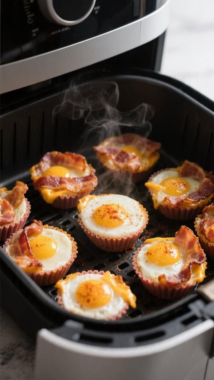 Cooking process close-up: Air fryer basket opened to reveal a silicone muffin mold filled with nearl