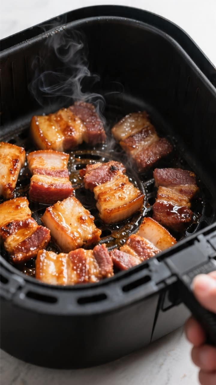 Cooking process close-up: Air fryer basket pulled open mid-cook showing bite-sized pork belly pieces