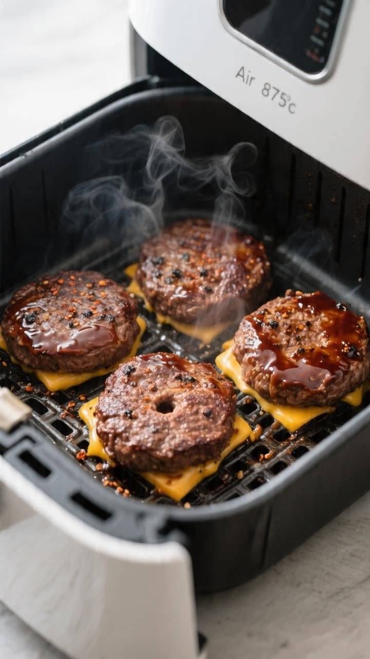 Cooking process close-up: Air fryer basket pulled open mid-cook at 375°F, four sizzling BBQ-glazed 