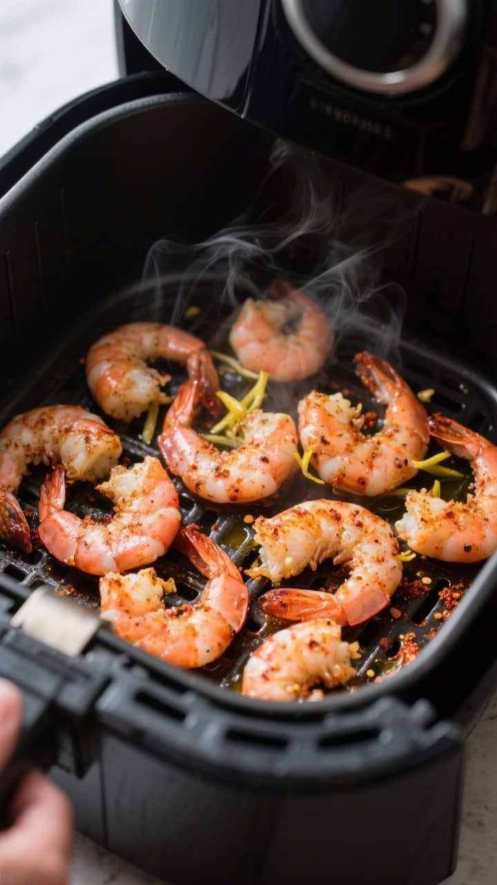 Cooking process close-up: Air fryer basket pulled open mid-cook showing Cajun-seasoned shrimp just t