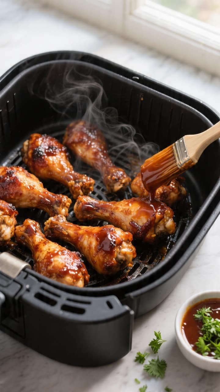 Cooking process close-up: Air fryer basket with 6–8 cooked BBQ chicken drumsticks mid-glaze, skin 