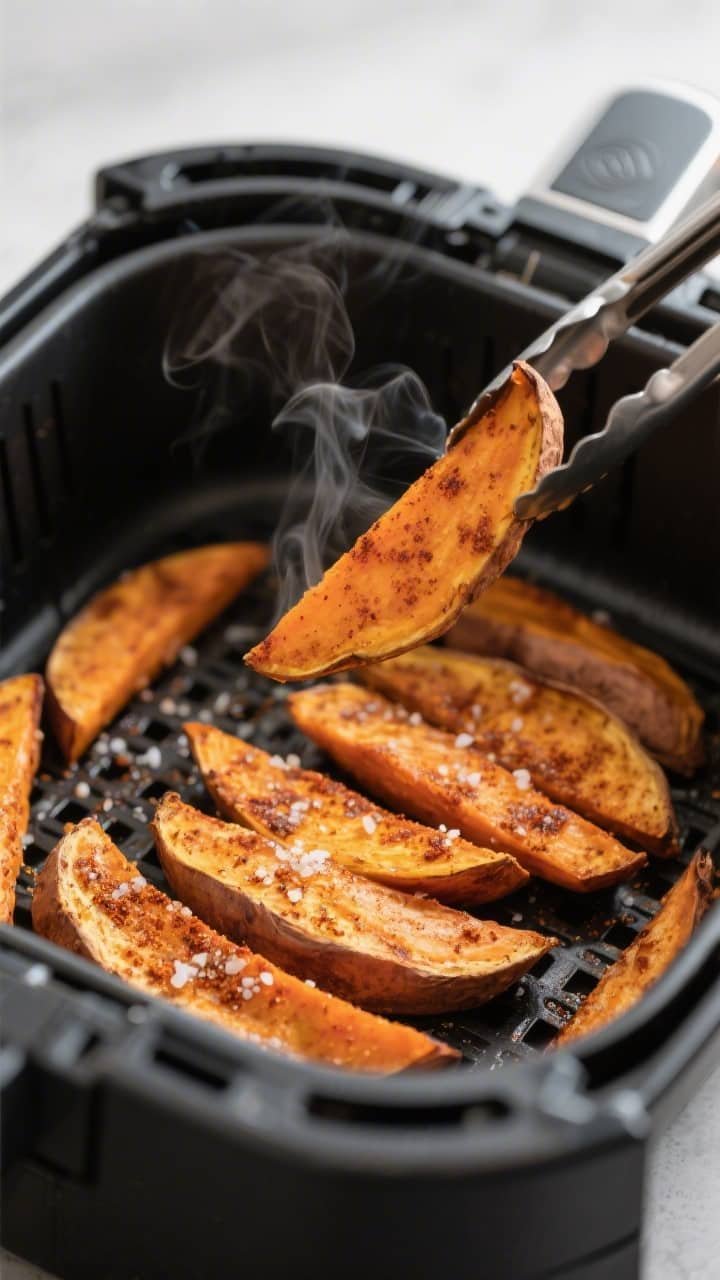 Cooking process close-up: Air fryer basket with a single, spaced layer of golden-brown sweet potato 