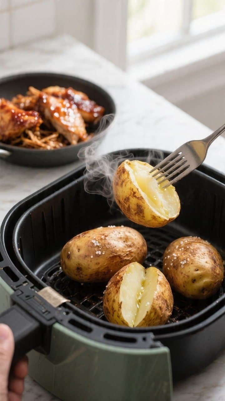 Cooking process close-up: Air fryer basket with four russet potatoes just finished cooking, skins de