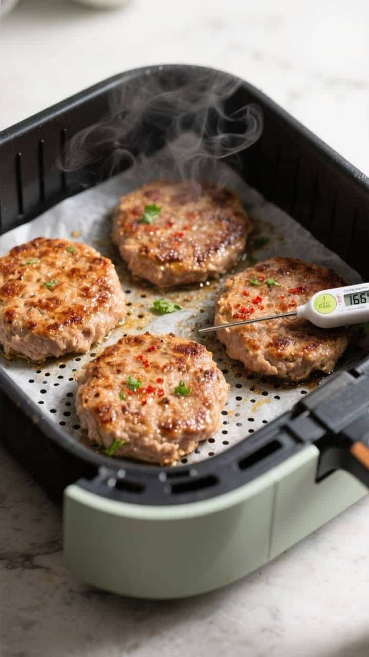 Cooking process close-up: Air fryer basket with four sizzling turkey burger patties mid-cook after t