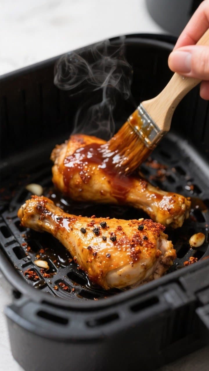 Cooking process close-up: Air fryer basket with two cooked chicken leg quarters, skin-side up, mid-g