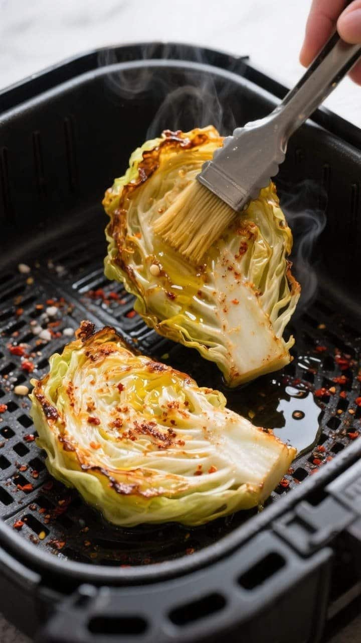 Cooking process close-up: Air fryer basket with two cooked cabbage steaks mid-cook at 375°F, edges