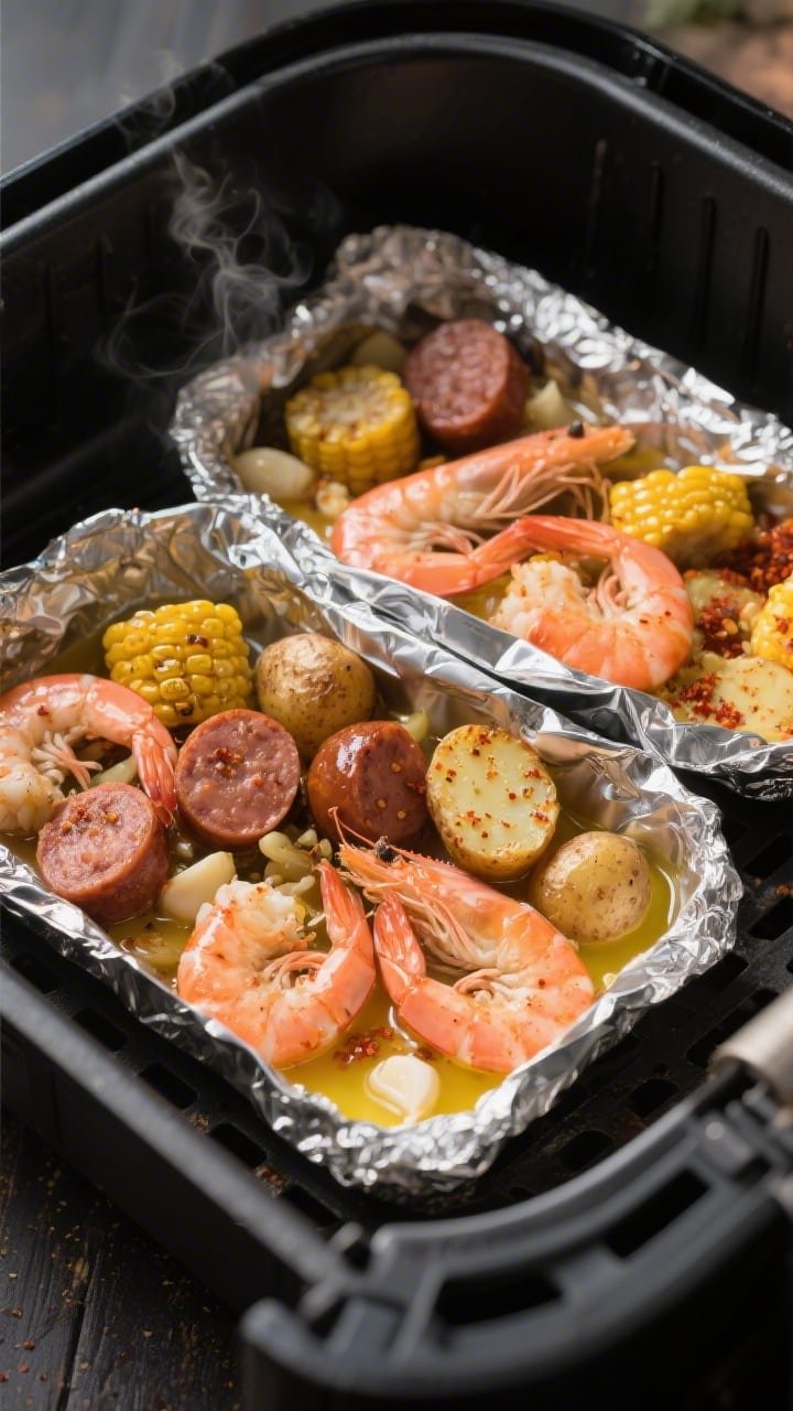 Cooking process close-up: Air fryer basket with two sealed foil packets just opened after cooking, r
