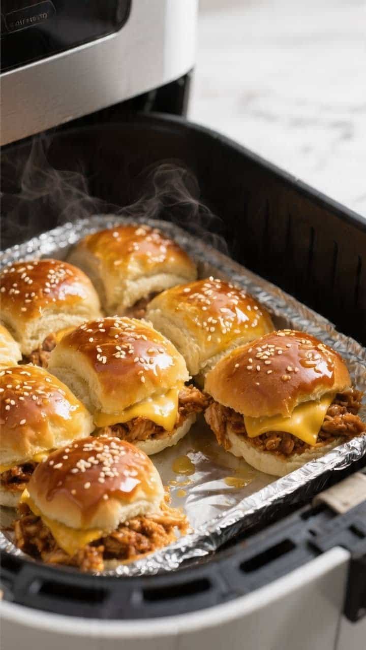 Cooking process close-up: Air fryer BBQ chicken sliders slab inside an open air fryer at 320°F, top