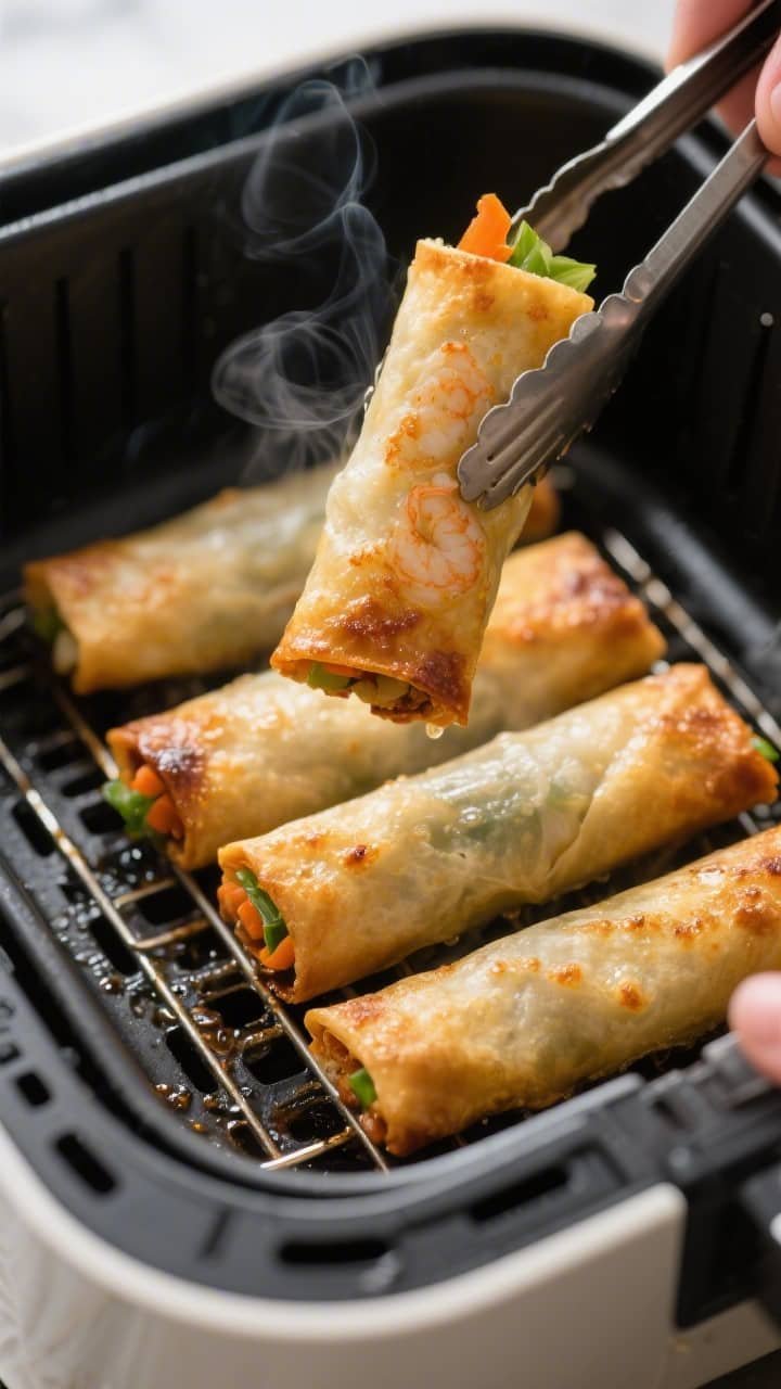 Cooking process close-up: Air fryer shrimp egg rolls mid-cook inside a preheated basket-style air fr