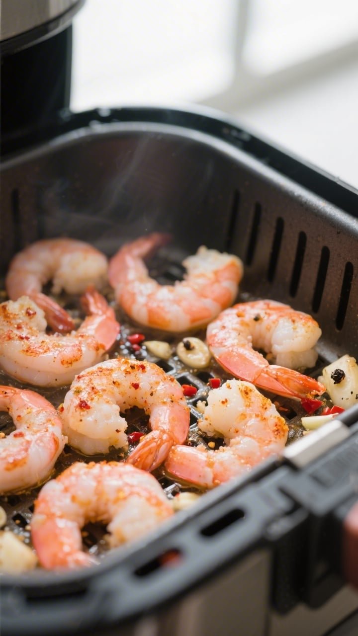 Cooking process, close-up detail: A tight, shallow-depth-of-field shot of seasoned frozen shrimp siz