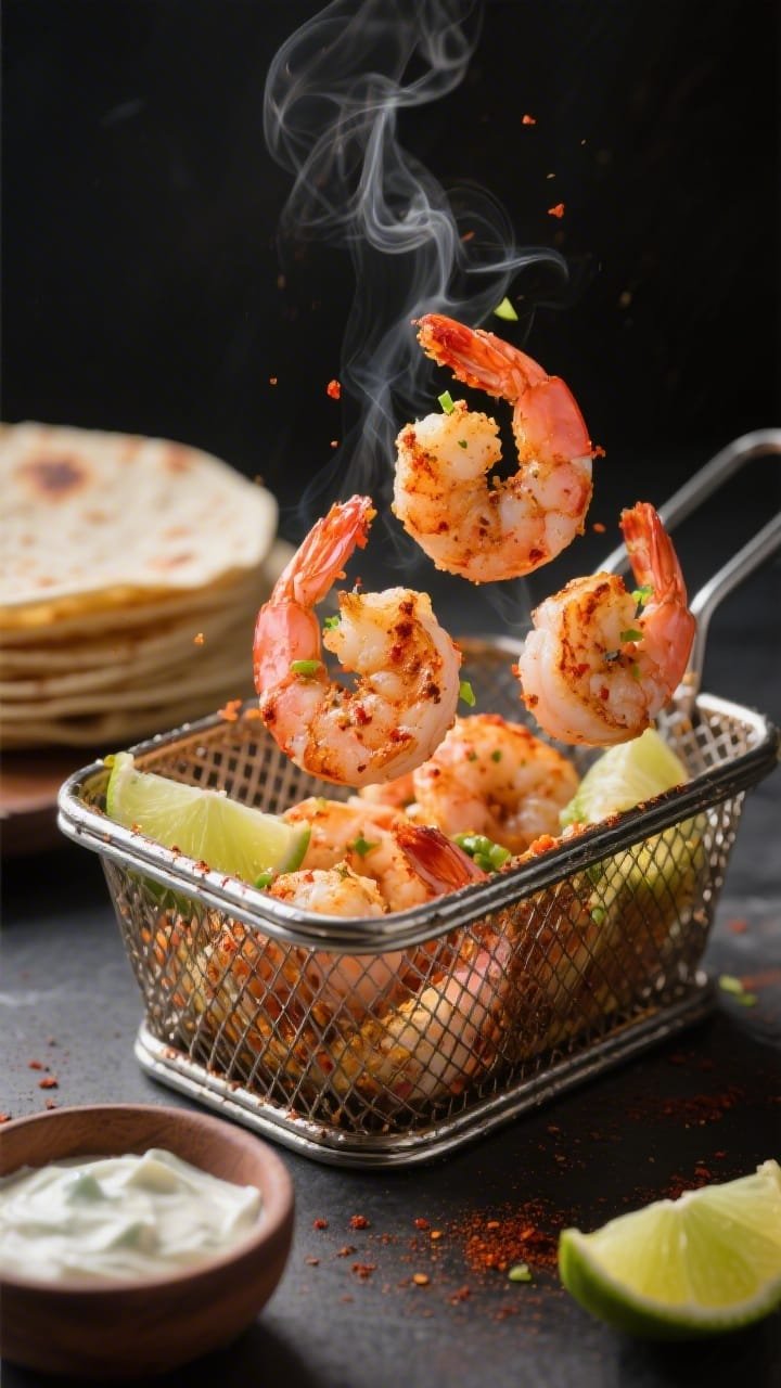 Cooking process, close-up detail: Air-fried chili-lime shrimp just out of the basket at 400°F, clos