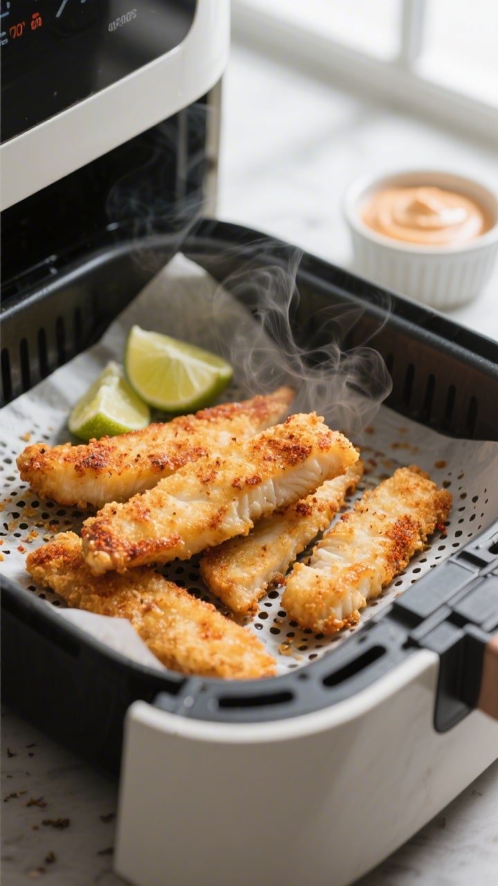 Cooking process, close-up detail: Air-fried fish strips just finished cooking in an open air fryer b