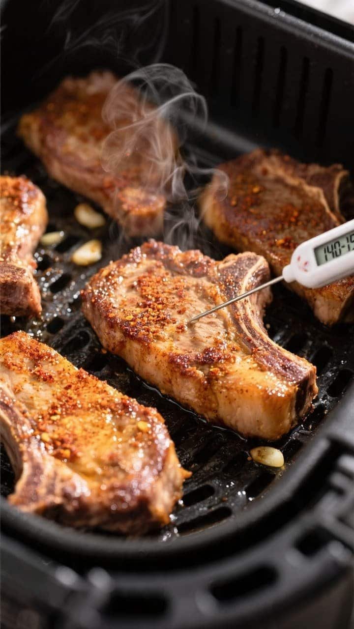 Cooking process, close-up detail: Air-fried pork chops at the flip stage inside a preheated air frye