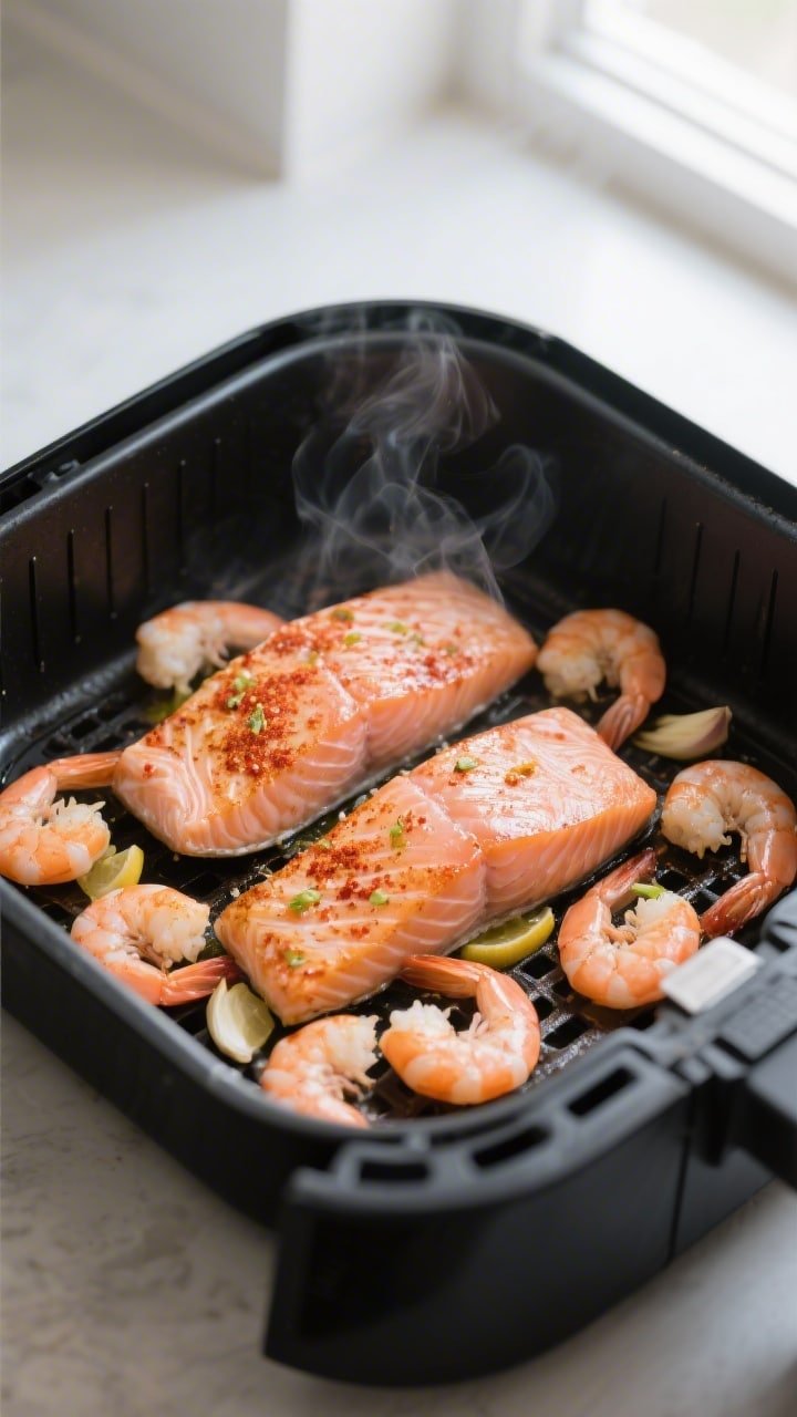 Cooking process, close-up detail: Air fryer basket just opened mid-cook at 390°F, two salmon fillet