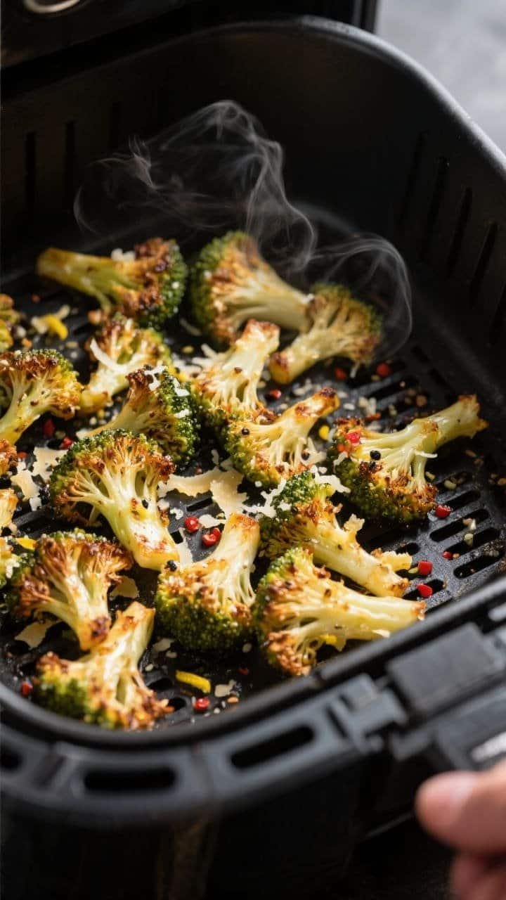 Cooking process, close-up detail: Air fryer basket at 390°F with a single, even layer of cooked bro