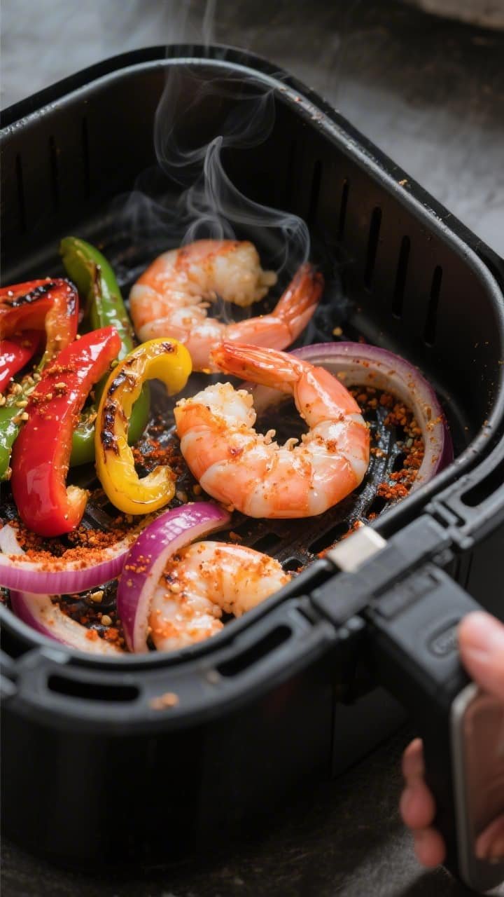 Cooking process, close-up detail: Air fryer basket at 400°F with sizzling, cooked shrimp turning pi