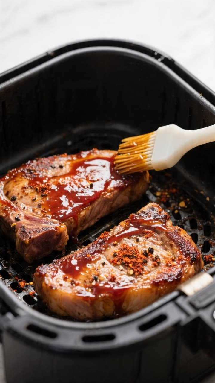 Cooking process, close-up detail: Air fryer basket at 400°F with two 1-inch boneless pork chops mid