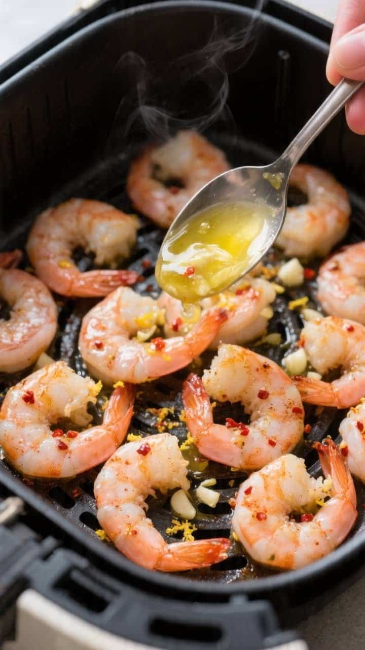 Cooking process, close-up detail: Air fryer basket just opened mid-cook showing garlic butter shrimp