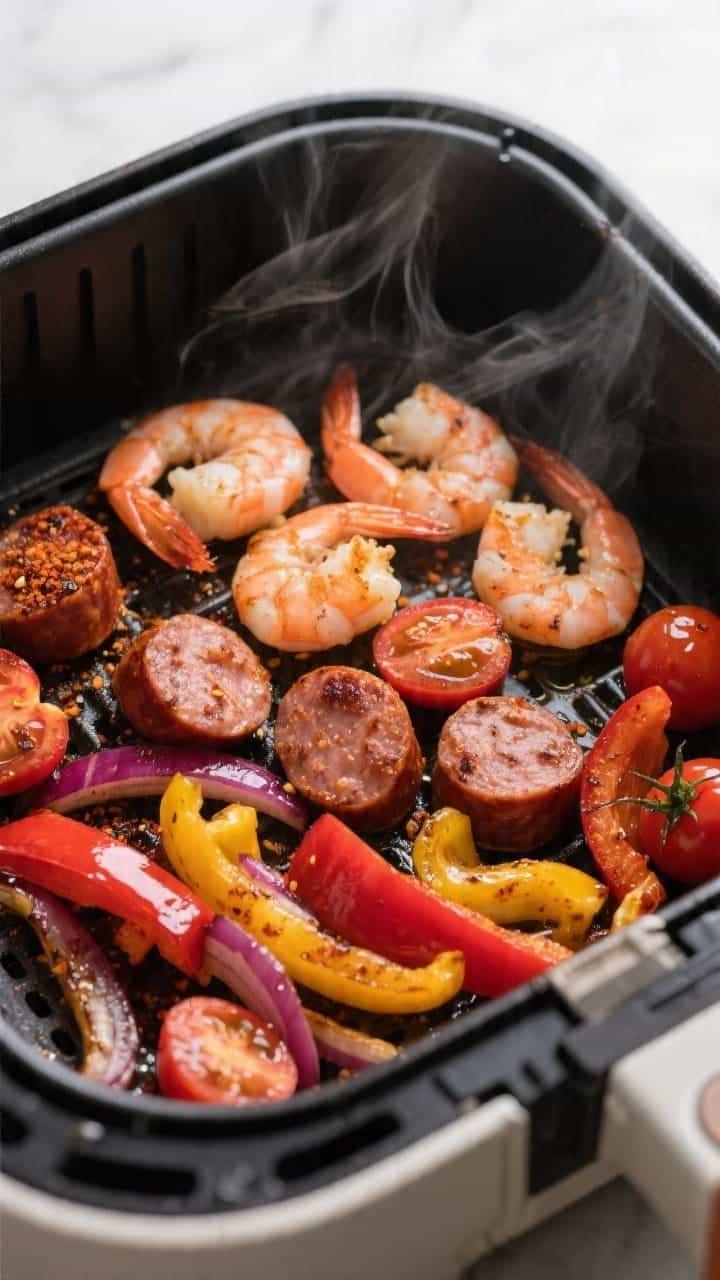 Cooking process, close-up detail: Air fryer basket at 400°F with cooked smoked andouille rounds and
