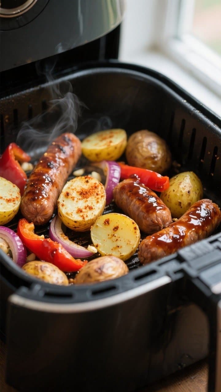 Cooking process, close-up detail: Air fryer basket mid-cook with golden baby potato halves and brown