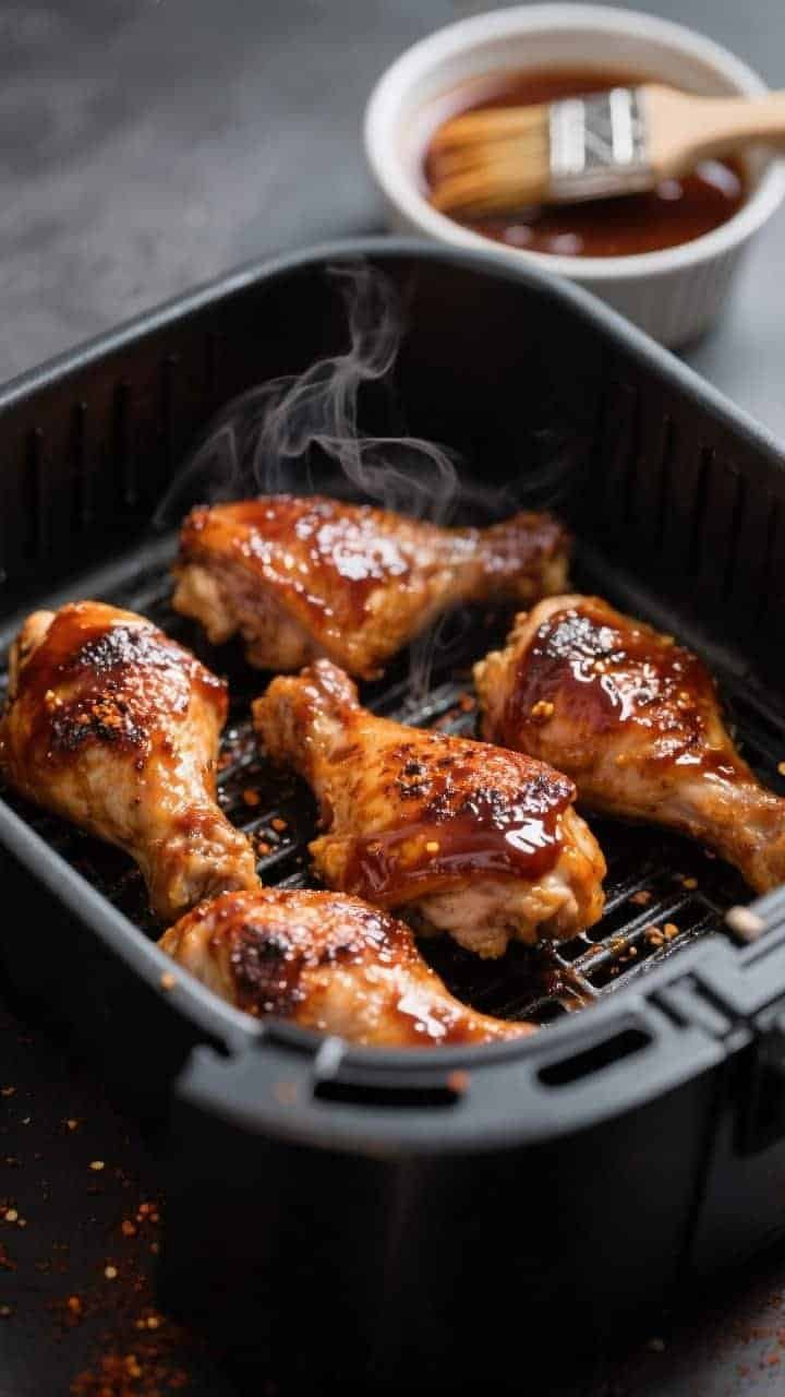 Cooking process, close-up detail: Air fryer basket just pulled out, glistening BBQ-brushed chicken t