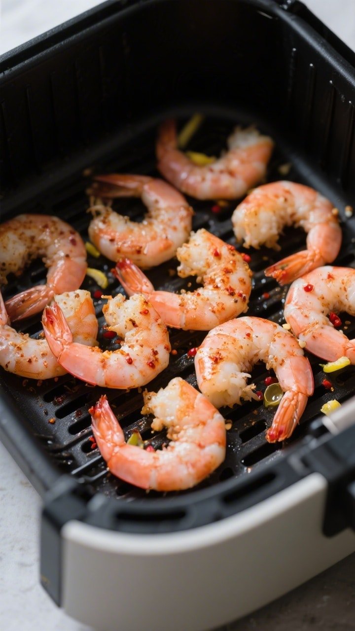 Cooking process, close-up detail: Air fryer basket at 400°F with a single, even layer of cooked shr