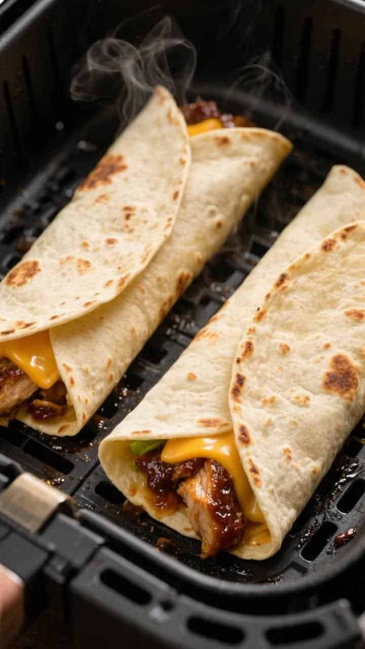 Cooking process, close-up detail: Air fryer BBQ chicken wraps crisping seam-side down in a preheated