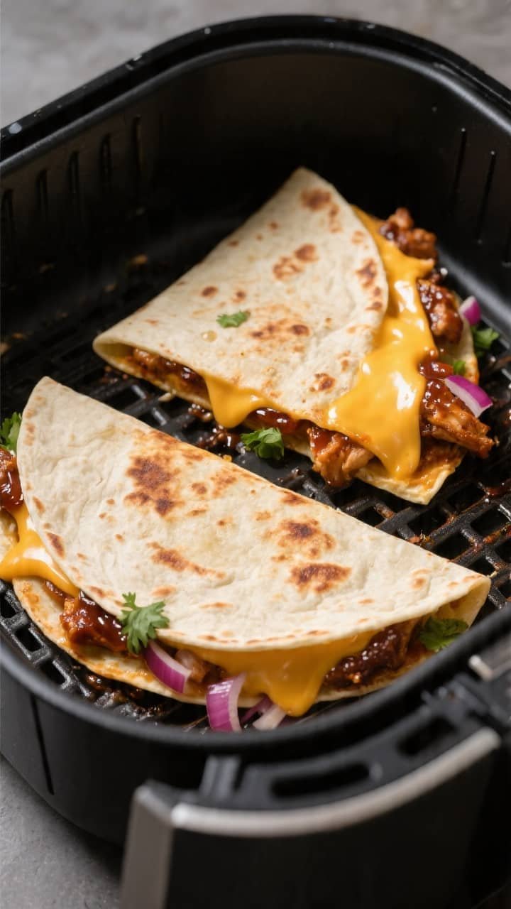 Cooking process, close-up detail: Air fryer BBQ chicken quesadillas mid-cook in an open air fryer ba