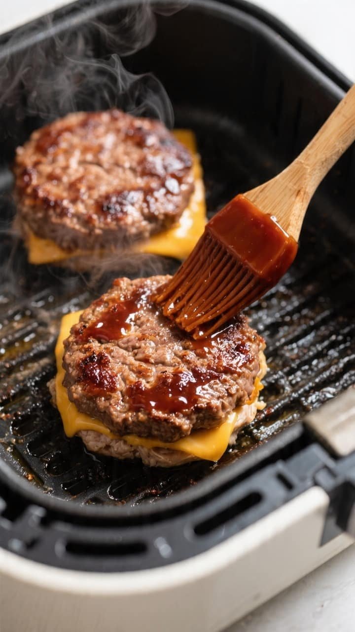 Cooking process, close-up detail: Air fryer BBQ turkey burgers mid-cook at 375°F, close-up of two p
