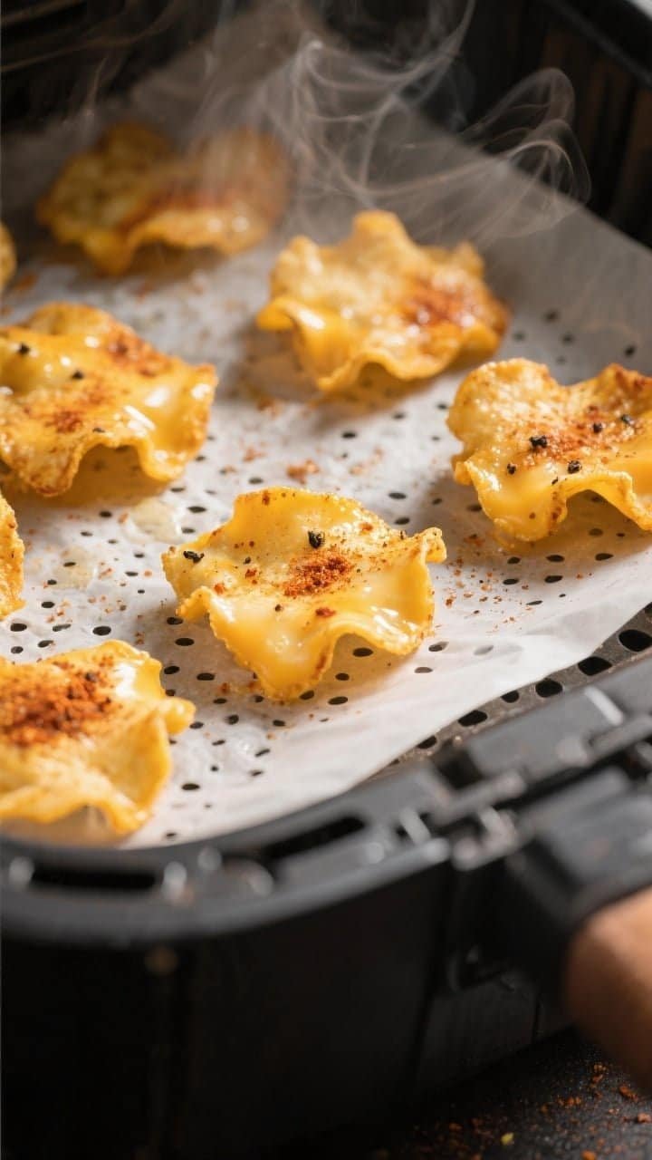 Cooking process, close-up detail: Air fryer cheese chips mid-cook inside a basket lined with perfora