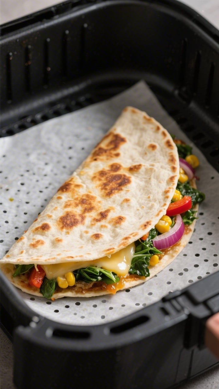 Cooking process, close-up detail: Air fryer veggie quesadilla mid-cook inside an open air fryer bask