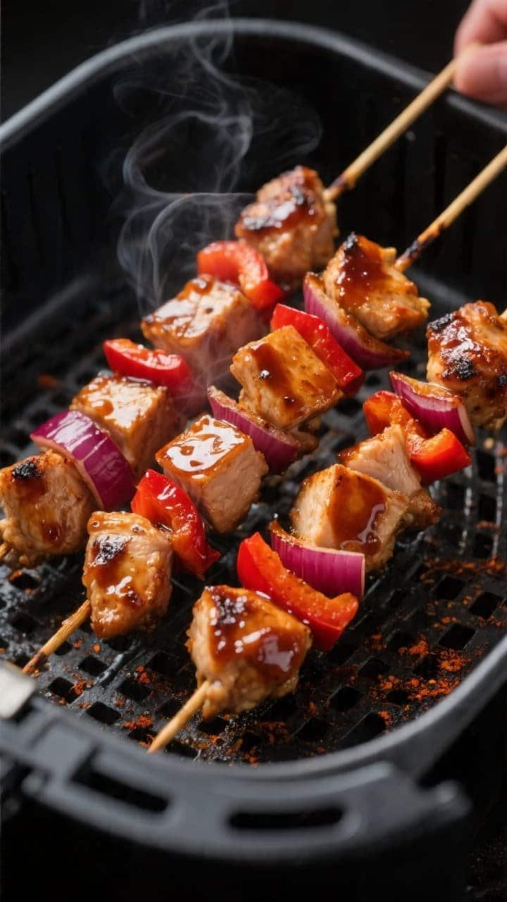Cooking process, close-up detail: Close-up of air fryer BBQ chicken skewers mid-cook inside the bask