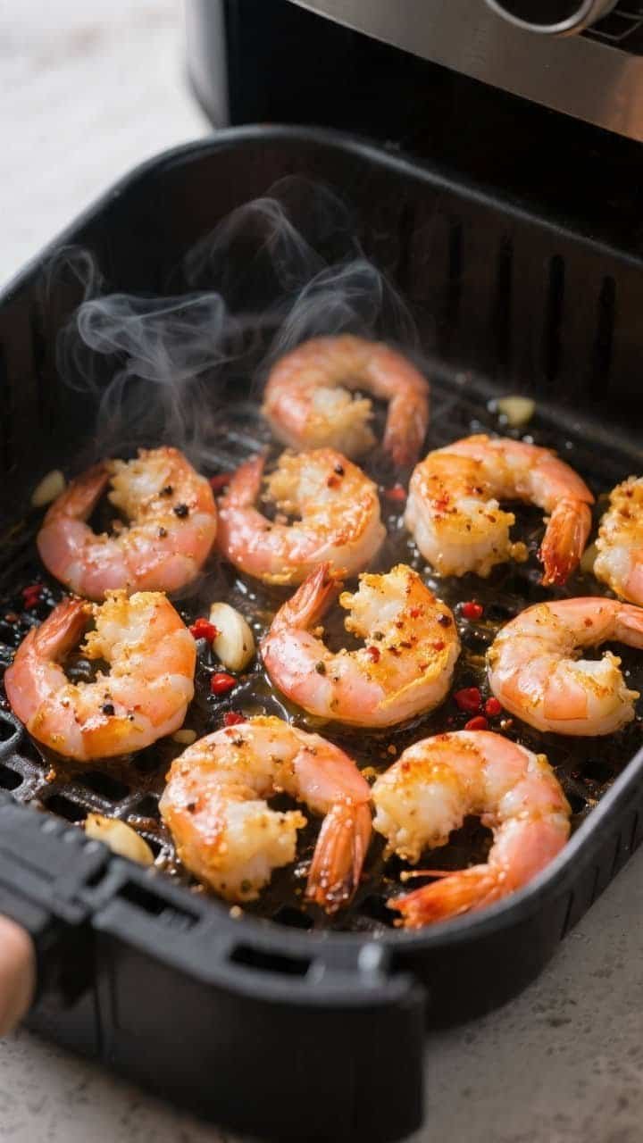 Cooking process, close-up detail: Close-up of golden, cooked shrimp sizzling in an open air fryer ba